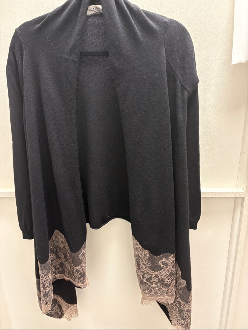 Black Open-Front Women’s Sweater with Lace Trim